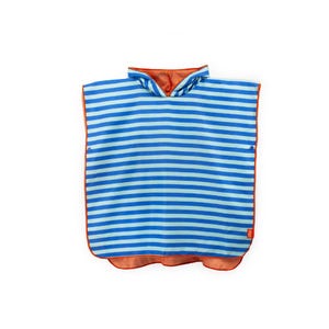 May include: A blue and light blue striped hooded poncho with an orange interior and trim. The poncho has a button closure on each side and is designed for children. The product is made of a soft, lightweight material.
