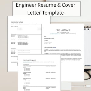May include: A set of white paper templates for an engineer's resume and cover letter. The templates include sections for skills, experience, education, and contact information. The text "Engineer Resume & Cover Letter Template" is at the top.