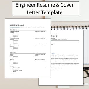 May include: A white resume and cover letter template for engineers. The template includes sections for experience, education, and skills. The text "Engineer Resume & Cover Letter Template" is at the top.