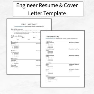 May include: A template for an Engineer Resume & Cover Letter. The resume template includes sections for key achievements, skills, experience, and education. The cover letter template is also included. The text "Engineer Resume & Cover Letter Template" is at the top.
