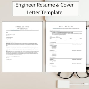 May include: A template for an Engineer Resume & Cover Letter. The design includes sections for contact information, key achievements, skills, experience, and education. The layout is clean and professional, with a focus on readability.