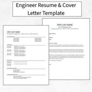 May include: A white resume and cover letter template for engineers. The resume includes sections for skills, experience, education, and activities. The cover letter provides space for a name, job title, and address.