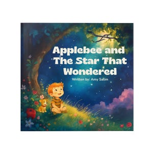 Puede incluir: Portada de libro infantil con el título "Applebee and The Star That Wondered" y el nombre del autor. La ilustración muestra a un niño y un perro sentados en una zona de césped bajo un árbol, con un fondo de cielo estrellado.