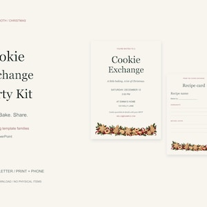 Pode incluir: Um kit de festa Cookie Exchange com um convite e um modelo de cartão de receita. O convite exibe o texto Cookie Exchange, A little baking. A lot of Christmas e detalhes do evento. Ambos os cartões apresentam uma borda festiva de biscoitos.