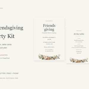 Friendsgiving-festpaket: Redigerbar PowerPoint-inbjudan, meny, matetiketter, placeringskort och knytkalasplanerare