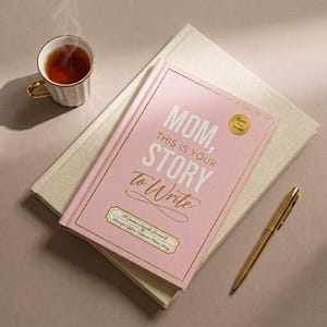 May include: A pink hardcover journal with gold foil text that reads "MOM, THIS IS YOUR STORY to Write" and "A Guided Keepsake Journal & Heartfelt Gift to Celebrate Mom's Story," accompanied by a gold pen and a white mug filled with tea.