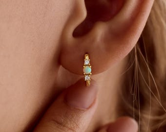 Dainty Opal Huggie Earrings, Sterling Silver Opal CZ Hoops, Minimalist Earrings, October Birthstone Earrings, Tiny Opal Hoops, Gift for Her