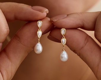 Natural Freshwater Pearl Diamond Earrings, 925 Sterling Silver Bridal Earrings, Wedding Teardrop CZ, Elegant Pearl Drop, Mother’s Day Gift