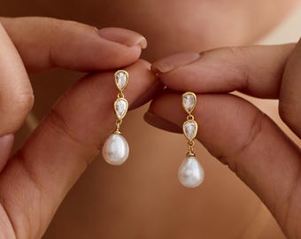 Boucles d'oreilles en diamant avec perles d'eau douce naturelles, Boucles d'oreilles de mariée en argent sterling 925, Larme de mariage CZ, élégantes gouttes de perles, Cadeau pour la fête des Mères