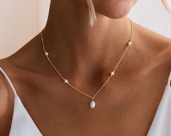 Natural Freshwater Pearl Necklace, Dainty 14K Gold Pearl Necklace, Minimalist Wedding Necklace, Bridal Necklace, Wedding Jewelry, Mom Gift