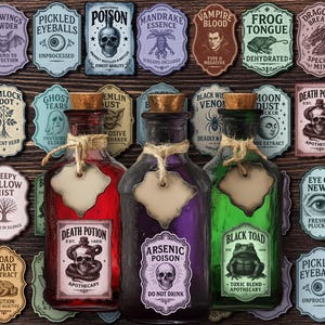May include: Three glass apothecary bottles with cork stoppers, filled with red, purple, and green liquids, each featuring a label reading Death Potion, Arsenic Poison, or Black Toad. The bottles are arranged against a background of many potion labels.