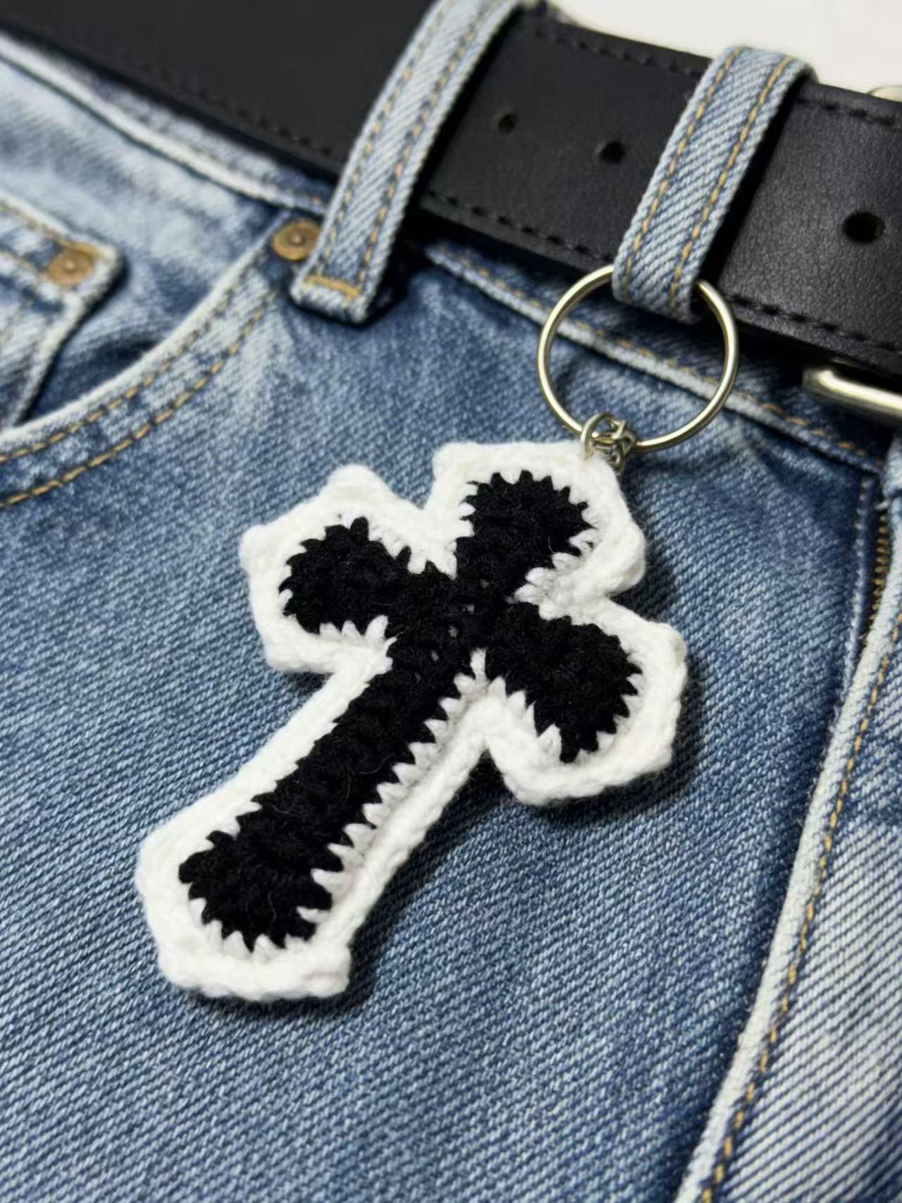 Crochet Chrome Hearts Style Cross Keychain, Handmade Black & White