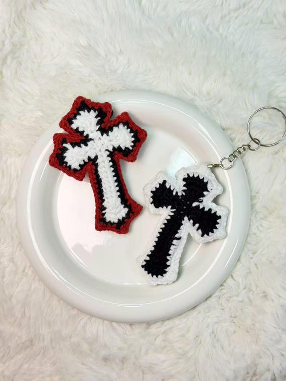 Crochet Chrome Hearts Style Cross Keychain, Handmade Black & White