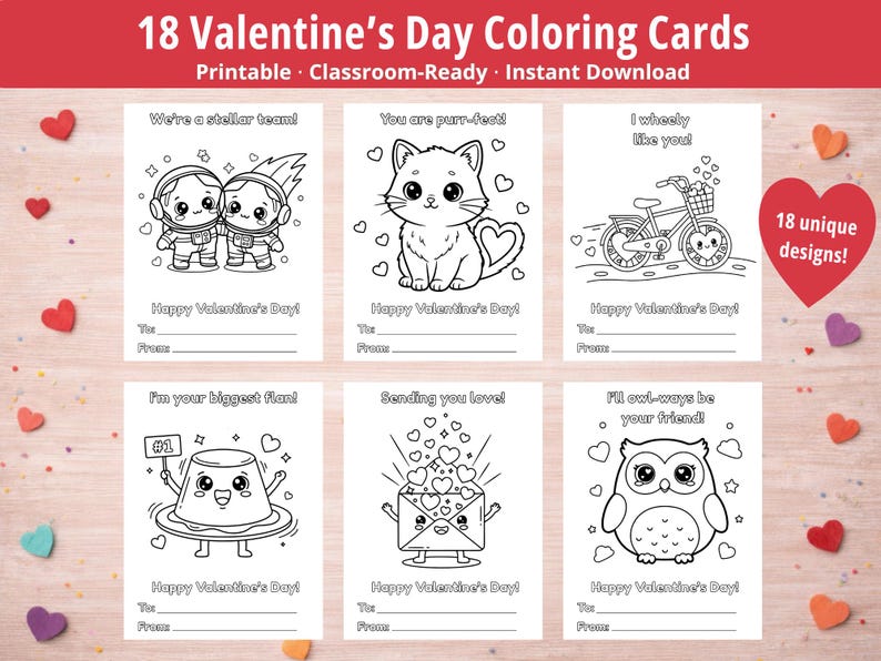 Valentine's Day Coloring Cards for Kids, Classroom Activity Printable ...