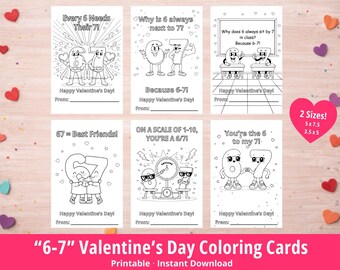 Divertenti 6-7 biglietti da colorare di San Valentino per bambini, biglietti di San Valentino stampabili per la classe (download digitale)