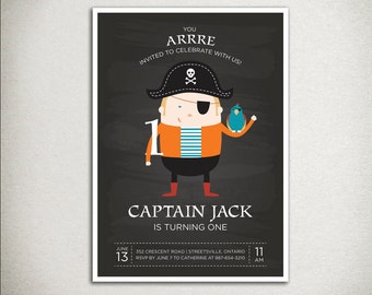 INVITATION Printable First Birthday Party Invitation - Pirate Captain, parrot eye patch, chalkboard, orange red blue black grey modern