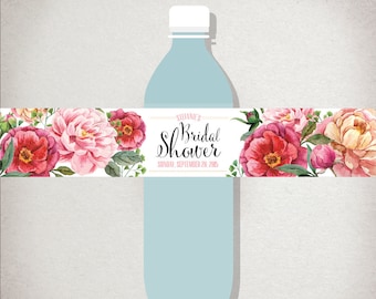 Etiquetas florales para botellas de agua para despedida de soltera: rosa, coral y morado (imprimibles)