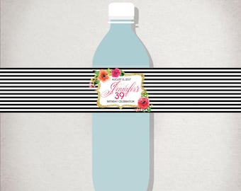 Etiquetas florales personalizadas para botellas de agua: Decoración de fiesta con purpurina dorada (imprimible)