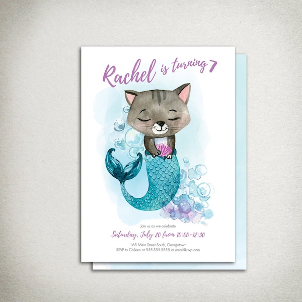 INVITATION Mermaid Cat Birthday Party Invitation - girl's birthday party, Mercat, Purrmaid, Under the Sea, 5x7 4x6, DIY Printable Digital