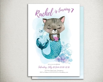Invitación de cumpleaños de gato sirena: Fiesta de sirena (DIY imprimible digital)