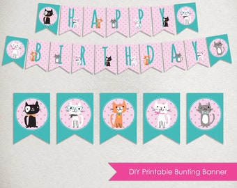 INSTANT DOWNLOAD - Printable Cat Happy Birthday Banner - Printable Bunting - diy birthday party decoration - pink blue - glasses kitty