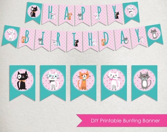 Banner imprimible de cumpleaños de gato: Fiesta de gatitos rosa y azul (descarga instantánea)