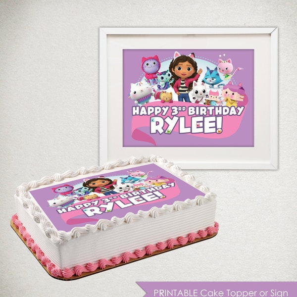 CAKE TOPPER image / SIGN - Gabby's Dollhouse Birthday Party - Edible Sheet Cake  - Cakey, Pandy, purple pink blue, diy, Printable Digital