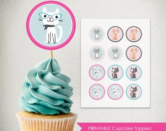 INSTANT DOWNLOAD - Cat Birthday Party - Cupcake Topper - circle DIY birthday party decoration - digital file jpg pdf png Cricut - pink blue