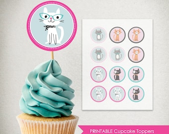 Adornos para cupcakes de cumpleaños de gato: Decoración DIY para fiestas (Descarga digital)