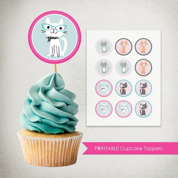 INSTANT DOWNLOAD - Cat Birthday Party - Cupcake Topper - circle DIY birthday party decoration - digital file jpg pdf png Cricut - pink blue