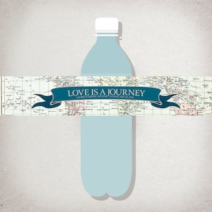 Personalized WATER BOTTLE Labels: Vintage Travel Map Bridal Shower - teal blue pastel rustic - DIY Printable - Shower Decor - decal sticker