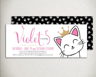 Invitación de cumpleaños de Princesa Gata: Rosa, Dorado y Blanco (Imprimible)