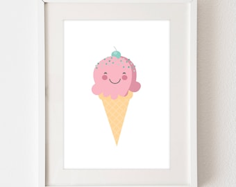 INSTANT DOWNLOAD Ice Cream Cone - 5x7 vertical digital art poster sign - happy icecream illustration - pink mint green - nursery baby decor