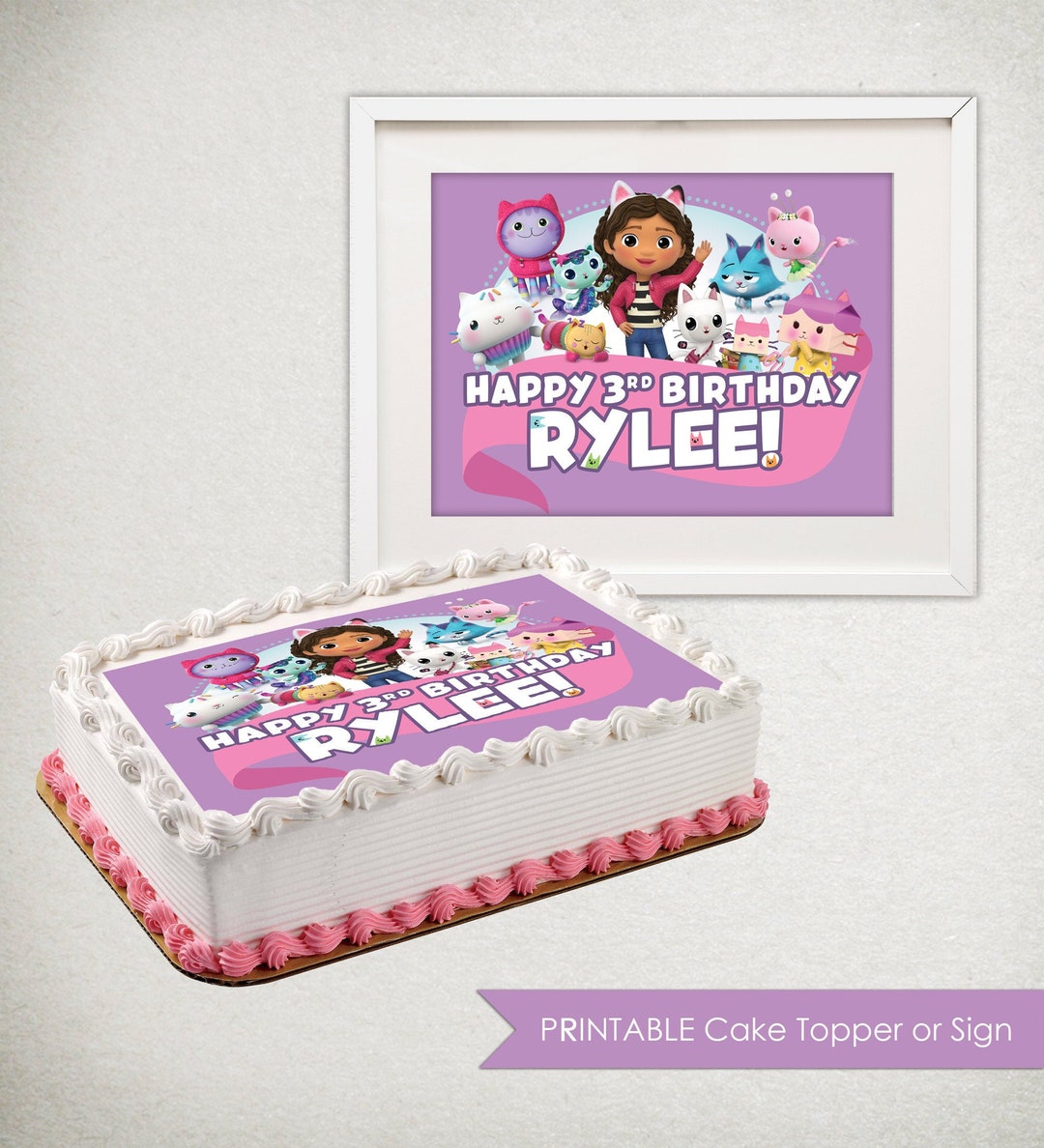 CAKE TOPPER image / SIGN Gabby's Dollhouse Birthday Party Comestible Sheet  Cake Cakey, Pandy, violet rose bleu, bricolage, imprimable numérique -   France