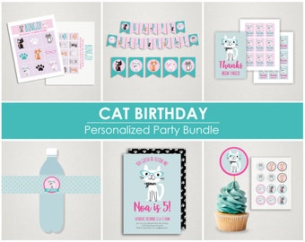 Paquete personalizado para fiesta de cumpleaños de gato: invitación, pancarta y bingo (descarga digital)