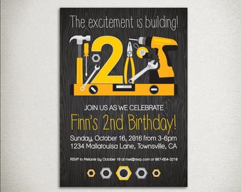 Invitación de cumpleaños de construcción: Herramientas, diseño de vetas de madera (imprimible)