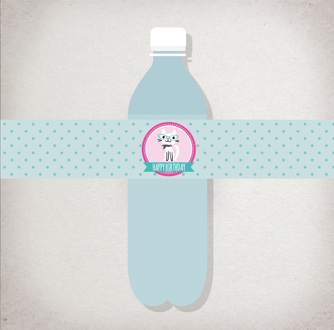 WATER BOTTLE Labels: Cat Birthday Party - Purrfect Birthday - Pink Blue ...