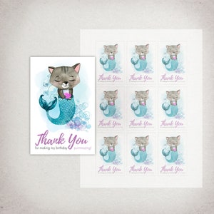 THANK YOU Favour Tags: Mercat Birthday Party - Purmaid Mermaid Cat, Purrmaid - rectangle favor favour tags - DIY Printable Instant Download