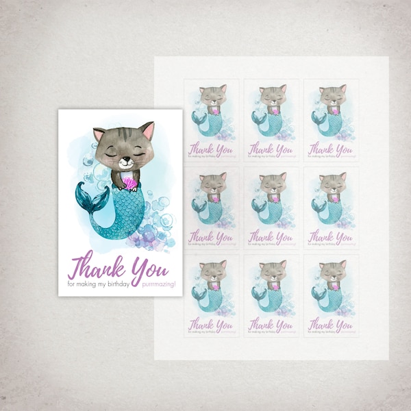 MERCI Favor Tags : Mercat Birthday Party - Purmaid Mermaid Cat, Purrmaid - rectangle faveur faveur tags - DIY imprimable Téléchargement instantané