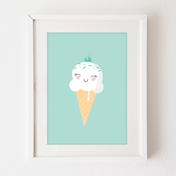 INSTANT DOWNLOAD Ice Cream Cone - 5x7 vertical digital art poster sign - happy icecream illustration - pink mint green - nursery baby decor