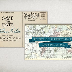 SAVE THE DATE ansichtkaart: Vintage Travel Map Wedding Save-the-Date Card - Printable diy Custom - blauwe wintertaling pastel - 4 x 6 inch horizontaal