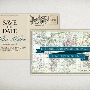 SAVE THE DATE postcard: Vintage Travel Map Wedding Save-the-Date Card Printable diy Custom blue teal pastel 4 x 6 inch horizontal image 1