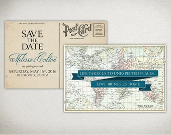 Postal con mapa de viaje vintage para guardar la fecha (imprimible)
