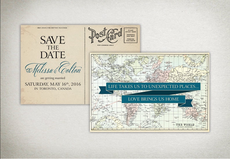 SAVE THE DATE postcard: Vintage Travel Map Wedding Save-the-Date Card Printable diy Custom blue teal pastel 4 x 6 inch horizontal zdjęcie 1