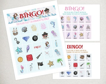 Bingo de Sirenas y Piratas: Juego de cumpleaños infantil (Descarga digital)