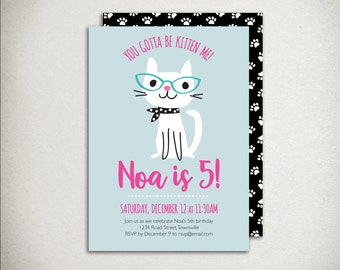 Cat Birthday Invitation: Girl's Party, Blue Aqua Pink (DIY Printable Digital)