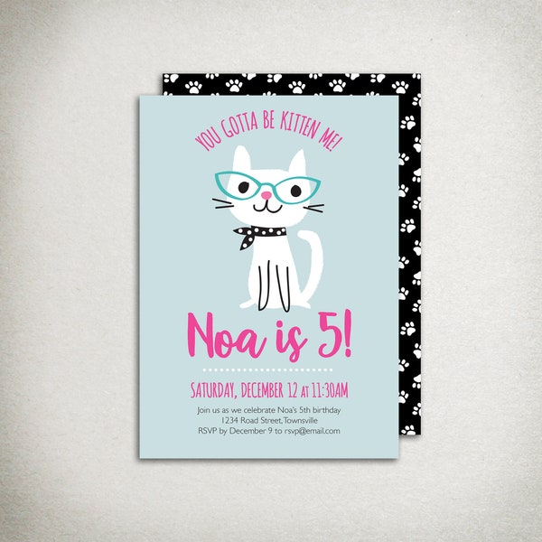 INVITATION Cat Birthday Party Invitation - girl's birthday invitation - You Gotta Be Kitten Me, blue aqua pink, DIY Printable Digital Email