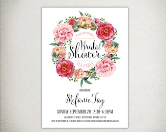 BRIDAL SHOWER Printable Floral Tea Party Wedding Shower Invitation - romantic pink flower wreath, pink red purple coral - custom DIY printed