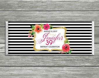 Envoltorio de barra de caramelo estilo Kate Spade: Floral a rayas con purpurina dorada (Descarga imprimible DIY)
