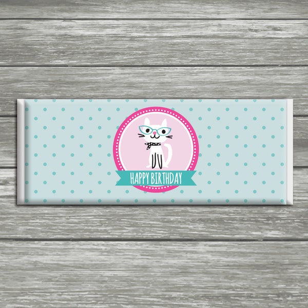 Cat Birthday Party - Hershey Chocolate Candy Bar Wrapper - pink blue aqua - favour favor - Digital Download - DIY Printable Instant Download